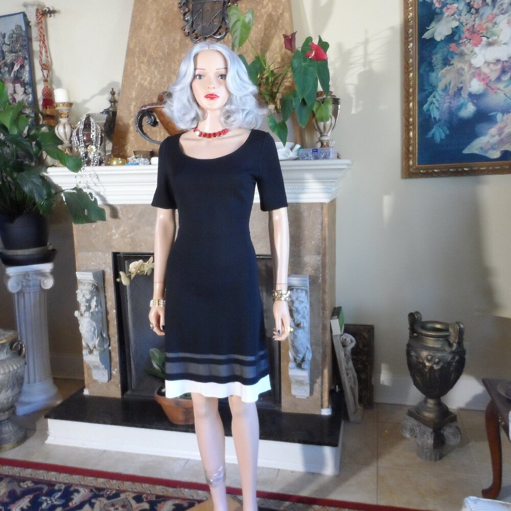 St. John Black Knit A-Line Dress w/White Trim Accent Detail Size 4
